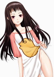 Rule 34 | 1girl, ar tonelico, ar tonelico ii, black hair, blush, bottomless, closed mouth, collarbone, inumori sayaka, jakuri (ar tonelico), long hair, looking at viewer, purple eyes, shirt, simple background, smile, solo, t-shirt, white background