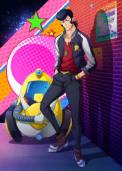 Rule 34 | 10s, 1boy, 1girl, black hair, blonde hair, boots, breasts, brick wall, dandy (space dandy), hands in pockets, high heels, honey (space dandy), jacket, large breasts, nipples, nude, pompadour, poster (object), qt (space dandy), robot, shadow, smile, space, space dandy, steel-toe boots, zero1