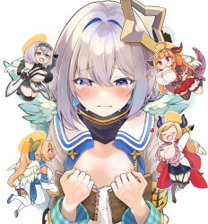 Rule 34 | 5girls, :d, ahoge, amane kanata, angel wings, blonde hair, blush, breast conscious, breast envy, breasts, chibi, commentary request, crying, crying with eyes open, dark-skinned female, dark skin, demon girl, demon horns, demon tail, dragon girl, dragon horns, dragon tail, flat chest, grey hair, hair between eyes, halo, highres, hololive, horns, huge breasts, kiryu coco, kiryu coco (1st costume), long hair, maitopartan, multiple girls, open mouth, orange hair, purple eyes, shiranui flare, shirogane noel, short hair, simple background, smile, star halo, tail, tears, virtual youtuber, white background, white hair, wings, yuzuki choco