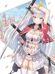 Rule 34 | 1girl, 5ya, arm at side, belt, blue sky, blush, bracer, breasts, castle, cleavage, closed mouth, copyright request, cowboy shot, cropped jacket, fingernails, green eyes, hand up, highres, holding, holding sword, holding weapon, jacket, katana, legs together, long hair, looking at viewer, medium breasts, official art, open clothes, open jacket, open skirt, pleated skirt, red jacket, scrunchie, silver hair, skirt, sky, smile, solo, spikes, standing, sword, thighhighs, very long hair, weapon, white skirt, white thighhighs, wrist scrunchie