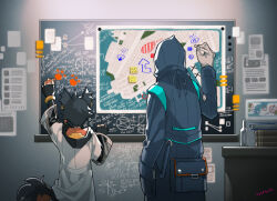 Rule 34 | 1boy, 1other, aak (arknights), animal ears, arknights, arrow (symbol), bag, black gloves, black hair, blue jacket, book, bottle, chalkboard, coat, commentary request, doctor (arknights), equation, facing away, fingerless gloves, gloves, holding, holding pen, hood, hooded jacket, indoors, jacket, lab coat, long sleeves, map, nishi juuji, paper, pawpads, pen, short hair, table, tail, white coat, white gloves, writing