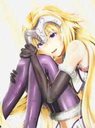 Rule 34 | 1girl, armor, bare shoulders, blonde hair, chain, elbow gloves, fate/apocrypha, fate (series), fur-trimmed gloves, fur trim, gloves, hair ornament, hand on own knee, head on knees, headpiece, highres, jeanne d&#039;arc (fate), jeanne d&#039;arc (ruler) (fate), jeanne d&#039;arc (third ascension) (fate), knees to chest, long hair, looking at viewer, purple eyes, sitting, smile, solo, thighhighs, thighs, tora inu, white background