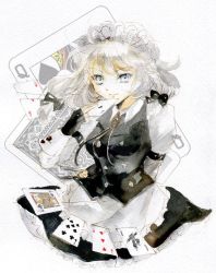Rule 34 | 1girl, ace (playing card), ace of clubs, ace of hearts, bad id, bad twitter id, blue eyes, braid, card, club (shape), heart, izayoi sakuya, jack (playing card), jack of clubs (playing card), joker (playing card), keiko (mitakarawa), maid, maid headdress, playing card, queen (playing card), queen of spades, ribbon, short hair, silver hair, smile, solo, touhou, twin braids