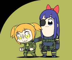 Rule 34 | 10s, 2girls, :3, big boss, big boss (cosplay), bkub (style), black hair, blonde hair, blue eyes, bow, cosplay, eyepatch, hair bow, hand on another&#039;s shoulder, jotace, kazuhira miller, kazuhira miller (cosplay), long hair, metal gear (series), metal gear solid, multiple girls, pipimi, poptepipic, popuko, sidelocks, sneaking suit, two-tone background, two side up, yellow eyes