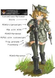 Rule 34 | 1girl, 2595, acog, animal ears, assault rifle, bad id, bad pixiv id, blonde hair, boots, call of duty, call of duty: black ops, camouflage, combat handgun, combat ready, dakku (ogitsune), english text, engrish text, explosive, fingerless gloves, flashbang, fox ears, fox tail, fragmentation grenade, gloves, green eyes, grenade, gun, hand grenade, handgun, hat, ka-bar knife, ka-bar knives, knife, less-than-lethal weapon, long hair, m16, m16a1, m1911, m67 grenade, m84 stun grenade, military, military uniform, picatinny arsenal, pistol, ranguage, rifle, sleeves rolled up, smiley face, soldier, solo, stun grenade, tactical knife, tail, thighhighs, trigger discipline, uniform, weapon