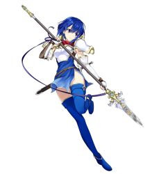 Rule 34 | 1girl, amagai tarou, armor, belt, blue eyes, blue hair, blue thighhighs, boots, breastplate, catria (fire emblem), dress, elbow gloves, female focus, fingerless gloves, fire emblem, fire emblem: mystery of the emblem, fire emblem heroes, full body, gloves, headband, highres, holding, holding weapon, lance, matching hair/eyes, nintendo, official art, polearm, short dress, short hair, shoulder pads, solo, sword, thigh boots, thighhighs, transparent background, weapon, zettai ryouiki