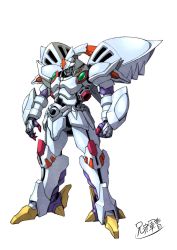 Rule 34 | aniki gunsou, clenched hand, cybuster, full body, green eyes, highres, looking ahead, mecha, no humans, open hand, robot, science fiction, solo, standing, super robot wars, super robot wars original generation, white background