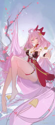 1girl 2134twone bare_legs barefoot bell blue_sky braid branch breasts cherry_blossoms chinese_clothes chinese_commentary commentary_request diamond-shaped_pupils diamond_(shape) dress elf elysia_(herrscher_of_human:_ego)_(honkai_impact) elysia_(honkai_impact) elysia_(peachy_spring)_(honkai_impact) feet flower hair_bell hair_flower hair_ornament highres honkai_(series) honkai_impact_3rd large_breasts legs long_hair looking_at_viewer official_alternate_costume pink_hair pointy_ears purple_eyes reaching reaching_towards_viewer red_dress single_braid sky smile solo symbol-shaped_pupils thighs toes very_long_hair