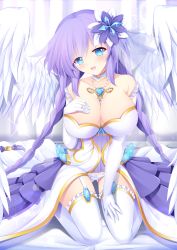 Rule 34 | 1girl, absurdres, angel, angel wings, blue eyes, blush, braid, breasts, cleavage, feathered wings, four goddesses online: cyber dimension neptune, gloves, gluteal fold, hair ornament, hand on own chest, highres, jewelry, katubusi kisimen, large breasts, leotard, long hair, looking at viewer, neptune (series), panties, purple hair, purple heart (neptunia), ring, sitting, smile, solo, symbol-shaped pupils, twin braids, underwear, very long hair, wariza, white gloves, white legwear, white panties, white wings, wings