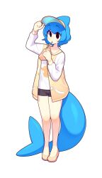 Rule 34 | 1girl, black eyes, black shorts, blue hair, drinking straw, fins, fish tail, fizintine, full body, hand on headwear, hat, highres, holding, jacket, juice box, looking at viewer, original, shark girl, shark tail, shirt, shorts, simple background, solo, tail, tori (fizintine), visor cap, white background, white shirt