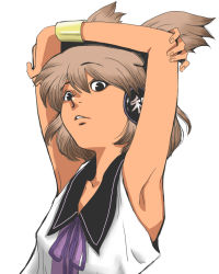 Rule 34 | 1girl, armpits, arms up, bracelet, brown hair, collarbone, female focus, jewelry, onikobe rin, parted lips, shirt, sleeveless, sleeveless shirt, solo, touhou, toyosatomimi no miko, upper body