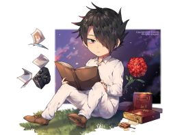 Rule 34 | 1boy, artist name, black eyes, black hair, blouse, book, brown footwear, camera, flower, gasoline, grass, hair over one eye, highres, kkotto, male focus, matchbox, matches, neck tattoo, number tattoo, open book, pants, photo (object), ray (yakusoku no neverland), red flower, shirt, sitting, solo, tattoo, watermark, white pants, white shirt, yakusoku no neverland