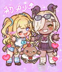 1other 2girls alternate_costume amesuku_gyaru azur_lane black_horns black_jacket black_skirt blonde_hair blue_eyes blue_leg_warmers chibi commentary_request dark-skinned_female dark_skin dated eyewear_on_head flower ganguro guam_(azur_lane) gyaru hair_flower hair_ornament horns hoshimiya_mery jacket kogal leg_warmers long_hair looking_at_viewer microskirt miniskirt mole mole_under_mouth multiple_girls one_eye_closed open_mouth owari_(azur_lane) pink_background pink_flower plaid_clothes plaid_skirt pleated_skirt red_flower school_uniform scrunchie shirt signature simple_background skirt star-shaped_pupils star_(symbol) striped_leg_warmers sunglasses symbol-shaped_pupils thigh_strap tied_shirt white_leg_warmers white_shirt wrist_scrunchie yellow_eyes