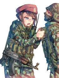 Rule 34 | 2girls, ak-47, ammunition pouch, assault rifle, balaclava, blonde hair, blue eyes, brown hair, buckle, camouflage, combat helmet, crying, crying with eyes open, daito, gun, gun sling, helmet, jacket, kalashnikov rifle, load bearing vest, mask, military jacket, military operator, mouth mask, multiple girls, original, patch, pouch, rifle, serbia, short hair, shoulder patch, snap-fit buckle, tears, weapon, zastava m70