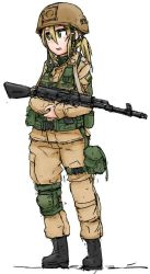 Rule 34 | 1girl, ak-74, ak-74m, assault rifle, blonde hair, dutchko, green eyes, gun, helmet, kalashnikov rifle, rifle, russia, simple background, solo, uniform, weapon