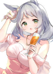 Rule 34 | 1girl, animal ears, arm up, bare shoulders, blush, breasts, carrot, champagne flute, cleavage, collarbone, commentary request, cup, dress, drink, drinking glass, green eyes, grey hair, highres, hishi miracle (umamusume), holding, holding cup, horse ears, jewelry, medium breasts, meyamu, necklace, off-shoulder dress, off shoulder, open mouth, see-through clothes, simple background, solo, umamusume, upper body, white background, white dress