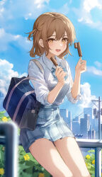 Rule 34 | 1girl, bag, blonde hair, blue bow, blue bowtie, blue skirt, blue sky, blush, bow, bowtie, brown eyes, building, cloud, collared shirt, commentary request, dotz, double popsicle, dress shirt, food, hands up, highres, holding, holding food, long sleeves, looking at viewer, open mouth, original, outdoors, plaid, plaid skirt, pleated skirt, popsicle, revision, school bag, school uniform, shirt, short hair, skirt, sky, smile, solo, standing, tree, utility pole, white shirt