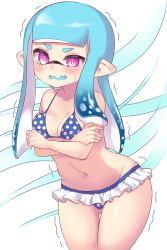 Rule 34 | 1girl, bikini, blue hair, blue tongue, blunt bangs, blunt ends, blush, breasts, cleavage, colored tongue, commentary, crossed arms, frilled bikini, frills, gluteal fold, groin, highres, inkling, inkling girl, inkling player character, leaning forward, long hair, looking at viewer, medium breasts, navel, nintendo, open mouth, penguin maru (penginmaru), pointy ears, polka dot, polka dot bikini, purple eyes, smile, solo, splatoon (series), standing, swimsuit, tentacle hair, thigh gap, trembling, wavy mouth
