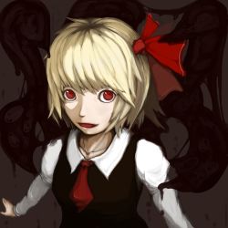 Rule 34 | 1girl, bad id, bad pixiv id, blonde hair, collarbone, darkness, embodiment of scarlet devil, female focus, hair ribbon, highres, necktie, open mouth, orusuban, red eyes, red necktie, ribbon, rumia, short hair, solo, touhou, upper body