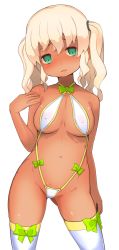 Rule 34 | 1girl, :d, aqua eyes, bare arms, bare shoulders, blush, bow, commentary request, contrapposto, covered erect nipples, cowboy shot, curly hair, garoudo (kadouhan&#039;i), gluteal fold, green bow, hand up, head tilt, long hair, looking at viewer, navel, open mouth, original, simple background, smile, solo, standing, swimsuit, thighhighs, twintails, white background, white thighhighs