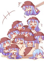 Rule 34 | &gt; &lt;, +++, 6+girls, :&lt;, = =, ahoge, arms up, blue hair, blush stickers, bow, bowl, chibi, chopsticks, closed eyes, female focus, grabbing, hat, unworn hat, unworn headwear, hinanawi tenshi, in bowl, in container, jitome, kousa (black tea), long hair, mini person, minigirl, multiple girls, o o, open mouth, outstretched arms, puffy sleeves, red eyes, shirt, short sleeves, sitting, skirt, sleeping, smile, touhou, very long hair, zzz