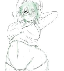 Rule 34 | 10s, 1girl, arms up, belly, blush, breasts, check translation, cleavage, curvy, dxyuzu, eyepatch, green theme, huge breasts, kantai collection, large breasts, looking at viewer, lowleg, lowleg panties, monochrome, navel, panties, plump, short hair, simple background, sketch, skindentation, solo, sweat, tank top, tenryuu (kancolle), translated, translation request, tsundere, underwear, wide hips