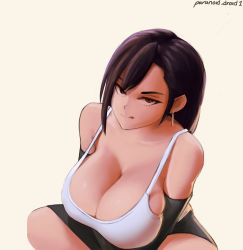 Rule 34 | 1girl, :q, artist name, black hair, breasts, cleavage, final fantasy, final fantasy vii, final fantasy vii remake, hair between eyes, highres, large breasts, long hair, looking at viewer, paranoid.droid, simple background, smile, solo, tank top, tifa lockhart, tongue, tongue out, white tank top