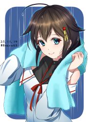 Rule 34 | 1girl, ahoge, bare shoulders, black hair, black undershirt, blue eyes, blue towel, braid, casual, dated, hachiware (8ware63), hair flaps, hair ornament, hair over shoulder, highres, kantai collection, looking at viewer, neck ribbon, official alternate costume, rain, red ribbon, ribbon, shigure (kancolle), shigure kai ni (kancolle), shirt, sleeveless, sleeveless shirt, smile, solo, towel, twitter username, upper body, wet, white shirt