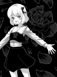 Rule 34 | 1girl, b-ginga, bad id, bad pixiv id, black background, black flower, black rose, blush stickers, embodiment of scarlet devil, female focus, flower, greyscale, hair ribbon, monochrome, necktie, outstretched arms, ribbon, rose, rumia, short hair, solo, spread arms, symbol-shaped pupils, touhou