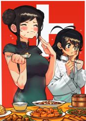 Rule 34 | bare arms, black hair, blush, border, breasts, bukimi isan, character request, check character, check copyright, chinese clothes, chopsticks, closed mouth, commentary request, copyright request, double bun, dress, food, green dress, hair bun, hand on own cheek, hand on own face, hand up, highres, holding, holding chopsticks, jacket, large breasts, long sleeves, meng long, momijiyama teru, parted lips, red background, short sleeves, shy (series), simple background, star-shaped pupils, star (symbol), sweat, symbol-shaped pupils, wavy mouth, white background, white border, white jacket, wide sleeves