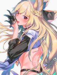 Rule 34 | 10s, 1girl, animal ears, back, bare back, black gloves, blonde hair, blush, braid, erune, floating hair, from side, glove pull, gloves, granblue fantasy, grey background, highres, licking, licking hand, long hair, looking at viewer, parted lips, red eyes, ryokucha (i cobalt), simple background, sleeves past elbows, solo, teeth, tongue, upper body, yuisis (granblue fantasy)