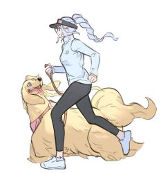 Rule 34 | 1girl, afghan hound, alternate costume, alternate hairstyle, animal, argos (ff14), black headwear, black leggings, braid, braided ponytail, clenched hand, contemporary, dog, final fantasy, final fantasy xiv, from side, full body, highres, holding, holding leash, jacket, jogging, leash, leggings, long hair, looking ahead, profile, running, shoes, simple background, single braid, smile, sneakers, tongue, tongue out, track jacket, venat (ff14), visor cap, white background, white footwear, white hair, white jacket, wuliu heihuo