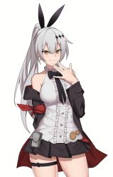 Rule 34 | 1girl, :3, bare shoulders, black jacket, black skirt, bow, bowtie, breasts, brown eyes, cero (last2stage), closed mouth, cowboy shot, earrings, five-seven (girls&#039; frontline), frills, girls&#039; frontline, grey hair, grey shirt, hair ornament, hand up, highres, jacket, jewelry, large breasts, long hair, long sleeves, looking at viewer, miniskirt, off shoulder, open clothes, open jacket, pleated skirt, ponytail, pouch, shirt, simple background, skirt, sleeveless, sleeveless shirt, smile, solo, thigh strap, thighs, white background