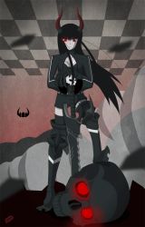 Rule 34 | 10s, 1girl, animated, animated gif, black gold saw, black hair, black rock shooter, boots, claws, horns, jacket, king saw, long hair, non-web source, red eyes, skull, smoke, solo, staring, sword, thighhighs, weapon