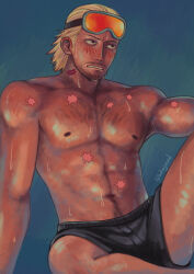 Rule 34 | 1boy, abs, absurdres, bara, beard stubble, black male underwear, blonde hair, blue background, blush, boxers, chest hair, dark-skinned male, dark skin, facial hair, feet out of frame, goggles, goggles on head, hair slicked back, highres, jakkenpoy, lipstick mark, lipstick mark on neck, looking ahead, male focus, male underwear, medium hair, muscular, muscular male, mustache stubble, navel, navel hair, nipples, one piece, orange-tinted eyewear, paulie, scar, scar on chest, scar on shoulder, sitting, solo, stubble, sweat, tinted eyewear, topless male, underwear, underwear only