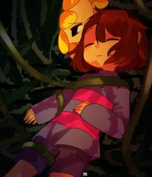 Rule 34 | :o, androgynous, blush, brown hair, closed eyes, flower, flowey (undertale), frisk (undertale), funkitty, gender request, long sleeves, monster, parted lips, plant, restrained, shirt, short hair, shorts, striped clothes, striped shirt, thorns, undertale, vines