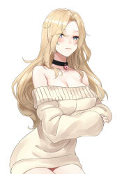 Rule 34 | 1girl, bare shoulders, blonde hair, blush, breasts, brown sweater, choker, cleavage, cowboy shot, dress, highres, hornet (kancolle), kantai collection, large breasts, long hair, looking at viewer, odachu, off-shoulder sweater, off shoulder, smile, sweater, sweater dress, white background