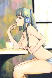 Rule 34 | 1girl, beats by dr. dre, breasts, cup, green hair, headphones, highres, large breasts, leaning forward, li (lithium0522), nipples, original, panties, sitting, solo, striped clothes, striped panties, table, teacup, tongue, topfreedom, underwear