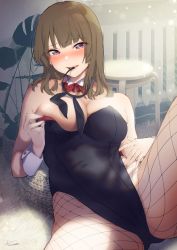Rule 34 | black leotard, black pantyhose, blunt bangs, blush, bow, bowtie, breasts, brown hair, commentary request, detached collar, fishnet pantyhose, fishnets, hairband, highres, indoors, karinto yamada, large breasts, leotard, leotard tug, long hair, looking at viewer, mouth hold, original, pantyhose, purple eyes, reclining, red bow, red bowtie, sidelocks, signature, solo, strapless, strapless leotard, unworn hairband, wrist cuffs