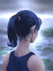 Rule 34 | 1girl, black tank top, blue hair, blue shirt, from below, gohpot, grey sky, hair tie, highres, lily pad, outdoors, shirt, short hair, signature, sky, solo, tank top, upper body, water