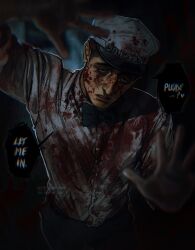 Rule 34 | 1boy, black bow, black bowtie, black hair, black pants, blood, blood on clothes, blood on face, blood on hat, bow, bowtie, english text, francis mosses, hat, highres, looking at viewer, male focus, milkman, pants, shirt, short hair, solo, that&#039;s not my neighbor, twitter username, umikochannart, white shirt