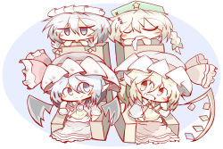 Rule 34 | 4girls, ascot, bat wings, blonde hair, blue background, blue eyes, blue hair, braid, chibi, closed eyes, closed mouth, consab b, drooling, flandre scarlet, frilled skirt, frills, green headwear, grey hair, hair between eyes, hat, hat ornament, hat ribbon, hong meiling, izayoi sakuya, limited palette, maid, maid headdress, medium hair, mob cap, multiple girls, on chair, open mouth, pointy ears, puffy short sleeves, puffy sleeves, red eyes, red skirt, red vest, remilia scarlet, ribbon, shirt, short sleeves, simple background, sitting, skirt, sleeping, star (symbol), star hat ornament, touhou, twin braids, vest, white headwear, white shirt, wings, yellow ascot