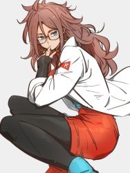 Rule 34 | 1girl, android 21, black pants, blue eyes, brown hair, dragon ball, dragon ball fighterz, dress, earrings, glasses, grey background, hoop earrings, jewelry, kemachiku, lab coat, long hair, long sleeves, pants, pantyhose, red ribbon army, simple background, solo, squatting
