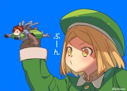 Rule 34 | 1boy, 1girl, bad id, bad twitter id, blonde hair, blue background, bob cut, brown gloves, dd (vktr4837), fate/grand order, fate (series), giant, giantess, gloves, green hat, hair over one eye, hat, holding person, koha-ace, mori nagayoshi (fate), parted bangs, paul bunyan (fate), red hair, red theme, simple background, spiked hair, upper body, yellow eyes, | |