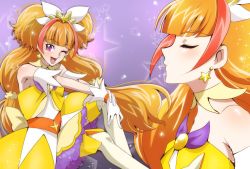 Rule 34 | 1girl, ;d, amanogawa kirara, bad id, bad pixiv id, bare shoulders, choker, cure twinkle, earrings, closed eyes, gloves, go! princess precure, jewelry, long hair, miyoshi (miyomiyo 344), multicolored hair, one eye closed, open mouth, orange hair, precure, purple eyes, red hair, smile, solo, star (symbol), star earrings, thighhighs, twintails, two-tone hair, white gloves, white thighhighs