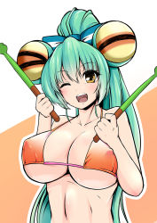 Rule 34 | 10s, 1girl, ;d, bikini, blue bow, blush, bow, breasts, cleavage, collarbone, covered erect nipples, drumsticks, green hair, hair bow, hair ornament, hassen (8cm), jacqueline (show by rock!!), large breasts, long hair, looking at viewer, one eye closed, open mouth, orange bikini, ponytail, shiny skin, show by rock!!, smile, solo, swimsuit, underboob, upper body, very long hair, yellow eyes