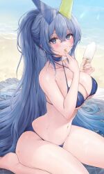 Rule 34 | 1girl, azur lane, bare arms, bare shoulders, barefoot, bikini, blue bikini, blue eyes, blue hair, blush, breasts, cleavage, collarbone, eyewear on head, finger to mouth, food, green nails, highres, holding, holding food, ice cream, large breasts, long hair, looking at viewer, nail polish, navel, new jersey (azur lane), new jersey (midsummer leisure) (azur lane), official alternate costume, outdoors, ponytail, sitting, solo, summer, sunglasses, sweat, swimsuit, very long hair, water, ygcn
