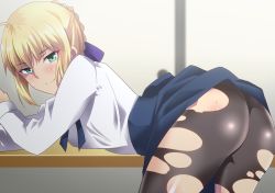 Rule 34 | 1girl, ahoge, artoria pendragon (all), artoria pendragon (fate), ass, bent over, blue bow, blush, bow, braid, clothes lift, fate (series), hair bow, half-closed eyes, hara (harayutaka), highres, looking at viewer, naughty face, pantyhose, saber (fate), skirt, skirt lift, smile, solo, torn clothes, torn pantyhose