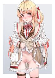 Rule 34 | 1girl, blonde hair, blush, clothing aside, female focus, flashing, hair ornament, hololive, hololive dev is, lifting own clothes, long hair, looking at viewer, otonose kanade, panties, panty pull, presenting, pussy, pussy juice, solo, standing, underwear, upper body, virtual youtuber, white panties, yuukauta