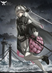 Rule 34 | 1girl, absurdres, ammunition belt, arknights, black dress, black footwear, breasts, chain, cloud, cloudy sky, dress, fence, grey eyes, grey hair, grey sky, gun, handgun, head wings, highres, holstered, irene (arknights), lighthouse, long hair, long sleeves, looking at viewer, multicolored clothes, multicolored dress, outdoors, pantyhose, pink dress, rapier, scabbard, scar, scar across eye, sheath, shoes, sky, small breasts, solo, storm, sword, user ytwm7477, water, waves, weapon, white dress, white pantyhose, wings